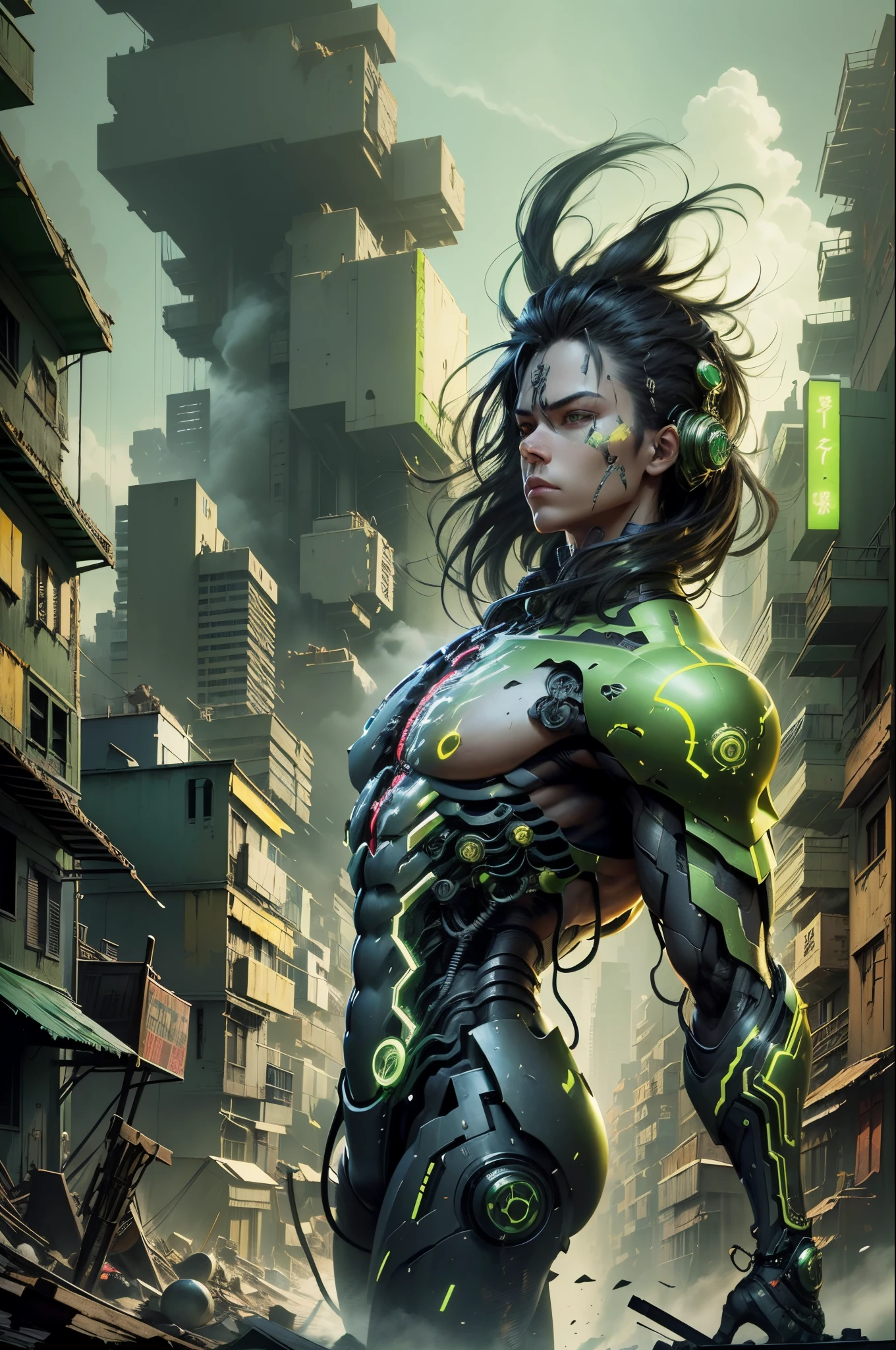 (green and yellow),bright colors,dystopian city with slums in the background,tall buildings and neon lights,mechanical and futuristic,dense and chaotic,smoke and steam rising from the ground,filled with polluted air. Robot samurai, is a humanoid robot, with a samurai-like appearance,strong and muscular body, shiny armor made of metal,green and yellow theme colors,sharp katana blade at the waist,strong and determined facial expression,detailed and glowing green eyes,powerful and precise movements. Size of a standard human being,approximately 6 feet tall,walking with confidence and precision,holding katana with both hands,ready for battle,looking directly at the camera,communicating determination and focus. The background is a dystopian city, with slums in the background,old and rundown buildings,debris and garbage scattered on the streets,cracks on the ground,aesthetic decay and neglect,overcast sky,dark and gloomy atmosphere. The scene is filled with bright colors, contrasting with the dark city,neon lights illuminating the streets,glowing signs and advertisements everywhere,creating a vibrant and lively environment. Overall, the image should have a sense of futuristic and mechanical elements,combined with the grittiness of a dystopian city,conveying the determination and strength of the robot samurai. The green and yellow color theme should be prominent,adding a unique and eye-catching visual element to the image. --auto --s2