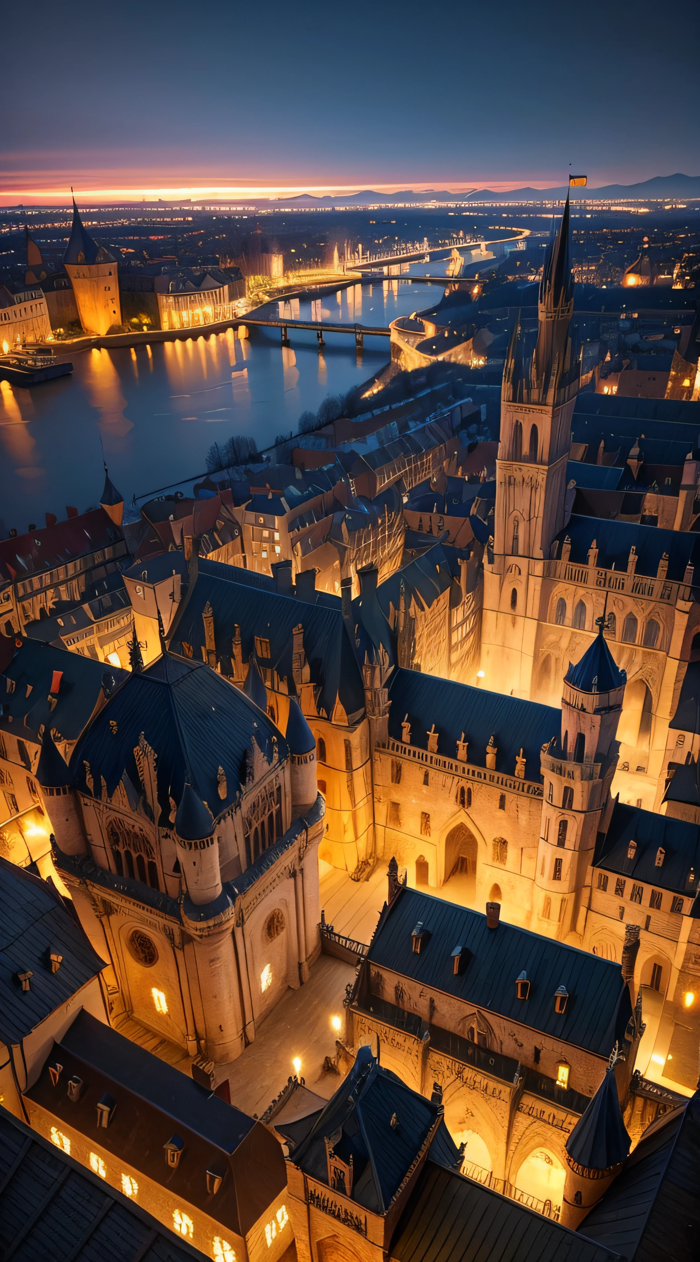 a fantastic medieval city with its majestic castle at night (View from above)