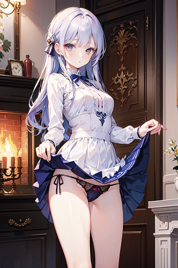 1 girl, (Lace artistic color panties), (skirt lift), (panties with side ties), highest quality, (masterpiece: 1.2),  Dress like a medieval fantasy noble,(thin panties), (panties with intricate and Delicate lace),(panties with Elaborate embroidery), (Bedroom with a warm atmosphere), fireplace,