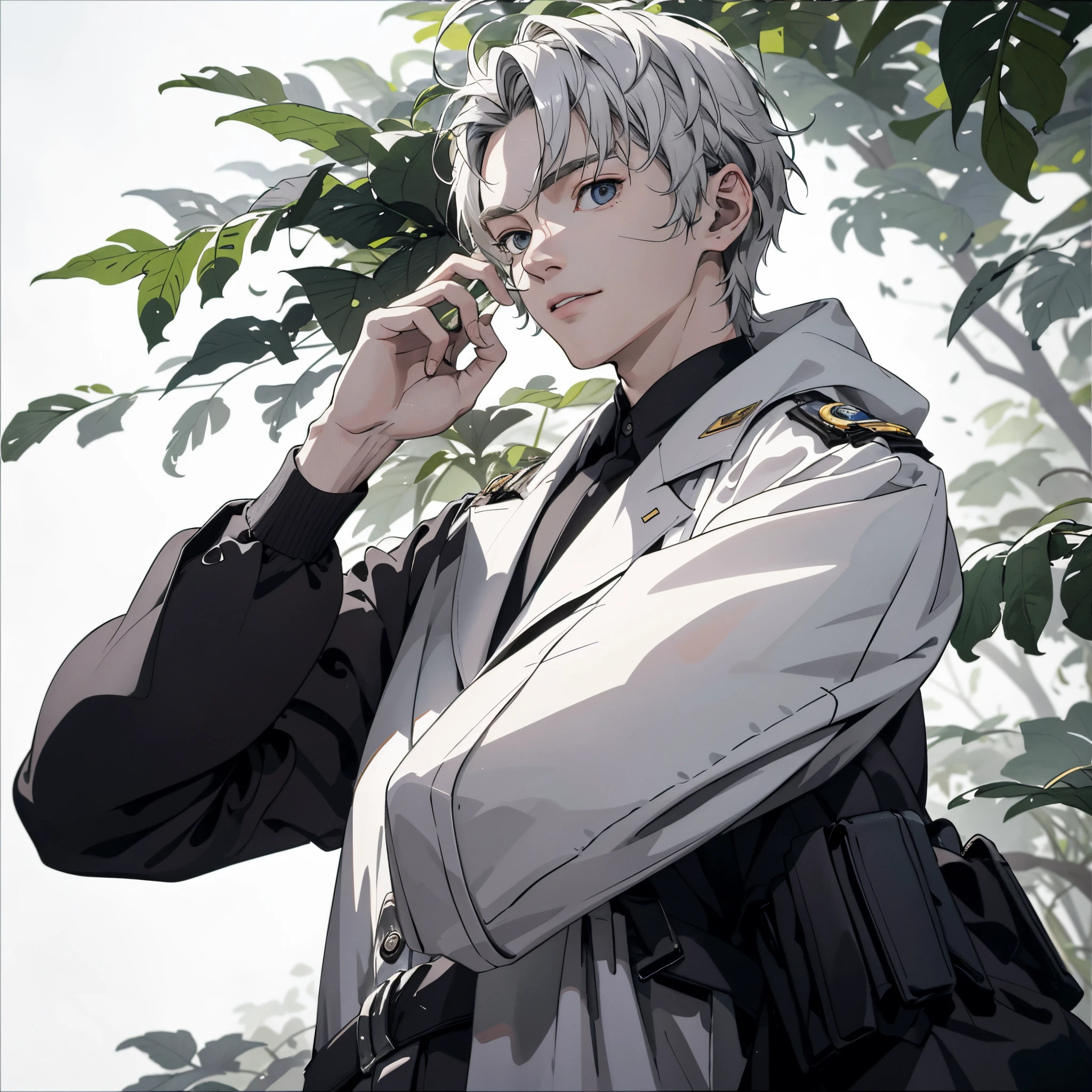 Absurd, High definition, Super detailed, Texture details, clear presentation, HD details, detail performance, Fine details, Clear face, Fix accurately, ((cabelos preto e longos))、long whitr hair、18-year-old man, Handsome, Tall,Soft smile、Slightly muscular,(Clear eyeballs), (1 person: 1.3), handpainted, Simple lines, (An 18-year-old man wearing a white Chinese suit), foggy forest、The upper part of the body,(Exocet suit 1.2)