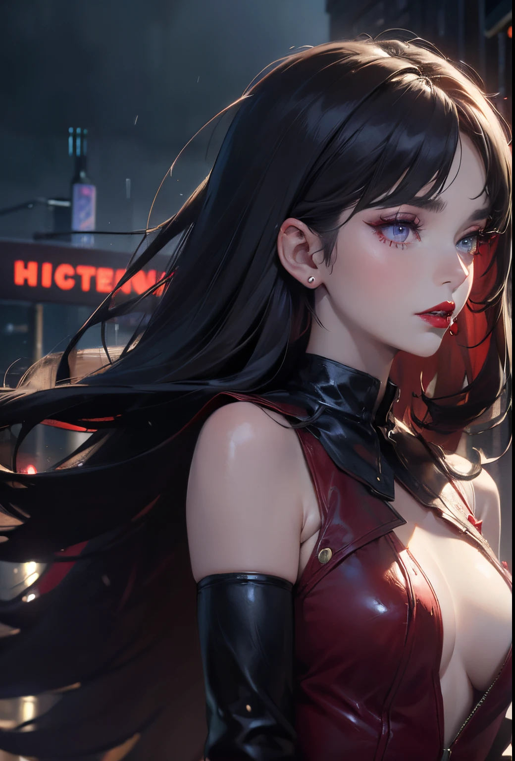 ((masterpiece,hight resolution,8K picture quality,top-quality)),1girl in,((extra detailed face)),a 20 yo woman,Sateen,Delicate eyes,Dark purple eyes,Permed black hair,big wavy hair,Dramatic makeup,profile,see cocktails,((The upper part of the body:1.5)),Large piercings,Embarrassed look,((smooth lips,red lipsticks,attractive rap)),voluminous hair,fluffy hair,Natural complexion,Super delicate CG unity,black leather mock sleeveless,A sexy,double tooth,street,Mileland,Rain at night