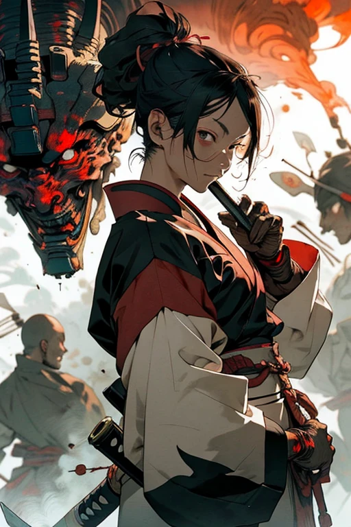 A female Samurai, holding her Katana dripping blood after a battle, accompanied by a fighting robot, fire in the background , ancient Japan