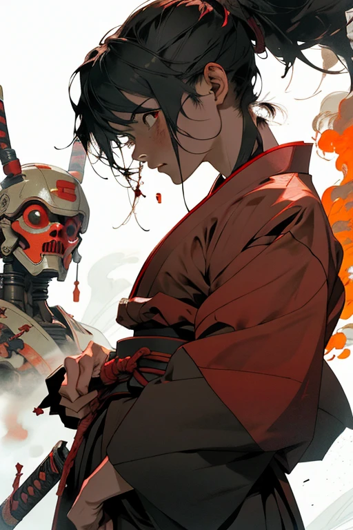 A female Samurai, holding her Katana dripping blood after a battle, accompanied by a fighting robot, fire in the background , ancient Japan