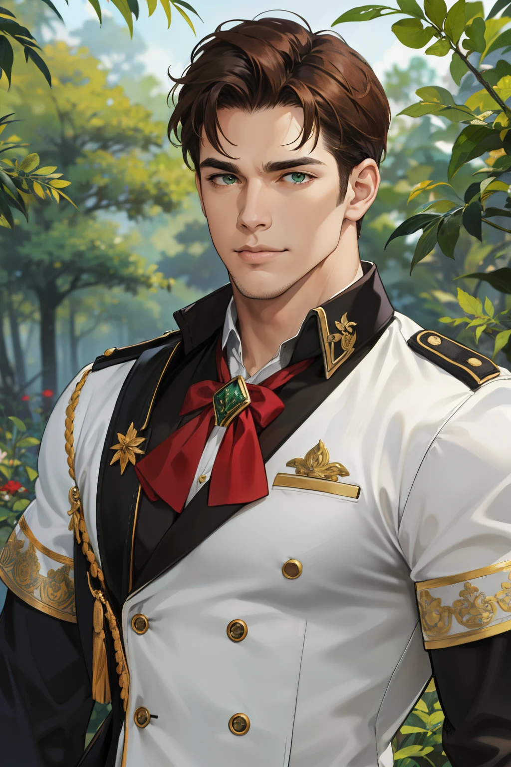 (absurdres, highres, ultra detailed, realistic), (1 male, solo, adult, mature, aged up, tall muscular guy, broad shoulders, handsome), wavy brown hair, green eyes, (angular jaw, thick neck, thick eyebrows), BREAK, forest, fantasy, Uniform, extremely detailed face, upper body