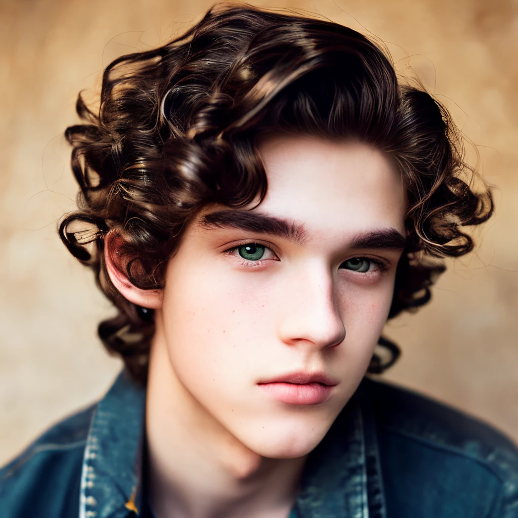 an attractive high school boy dressed in fancy clothes with light skin, beautiful green eyes, an eyebrow slit and brown hair with black people waves