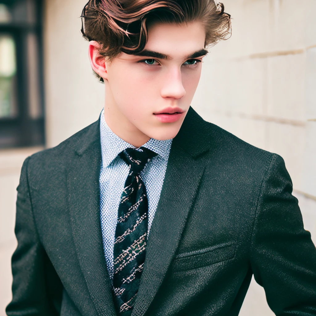 an attractive high school boy dressed in fancy clothes with light skin, beautiful green eyes, an eyebrow slit and brown hair with black people waves