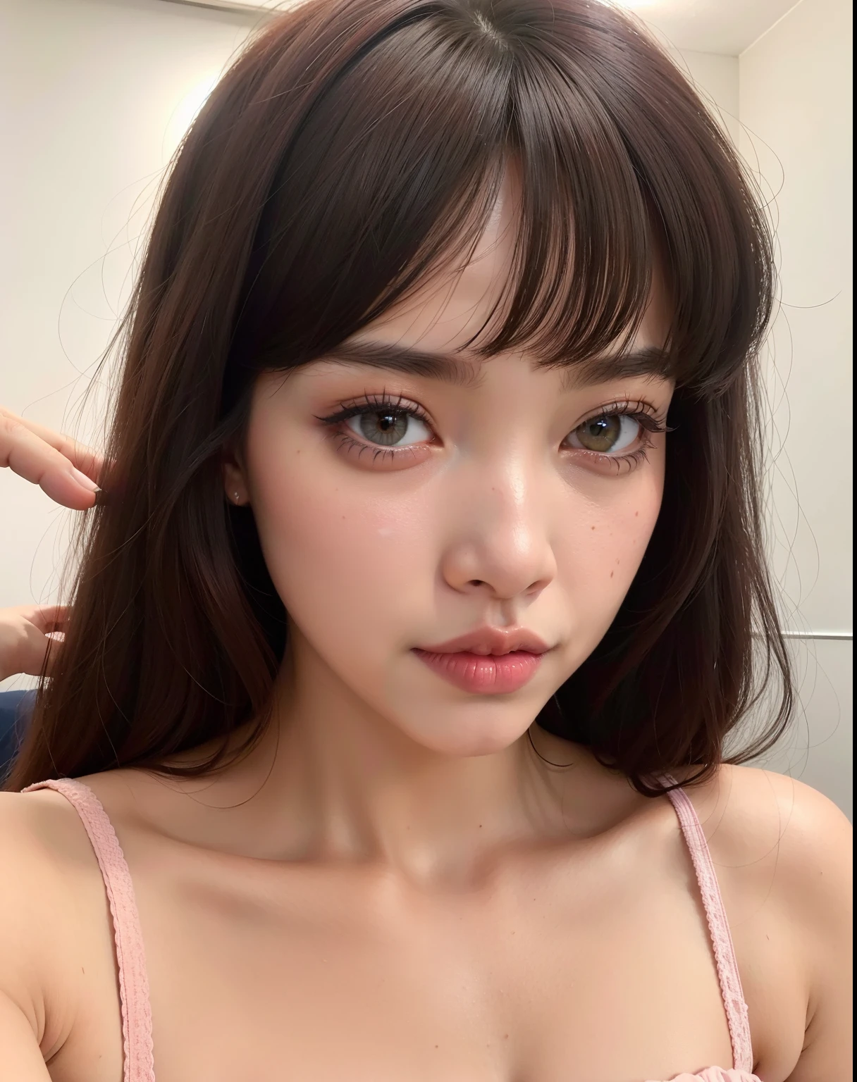 um close up de uma mulher com um vestido rosa e um espelho, Lalisa Manobal, Lalisa Manoban do Blackpink, lisa manobal do blackpink com franja, franja de cortina, franja fofa de duas vezes, menina coreana, Ela tem cabelo preto com franja