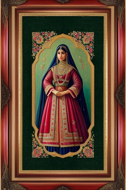 Persian Qajar period woman , in traditional red-pink clothes , background contains painting of nightingale among rose and peony flowers, floral frame , ((perfect rectangular frame))