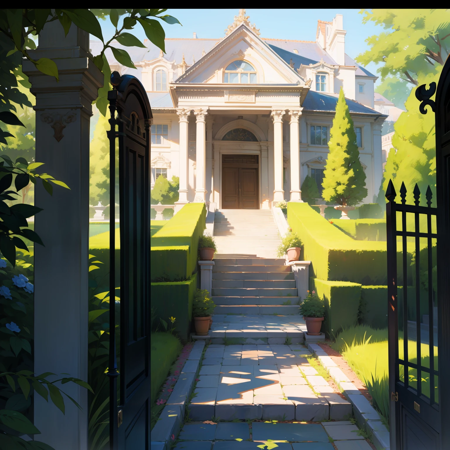 mansion, garden, gate, bushes