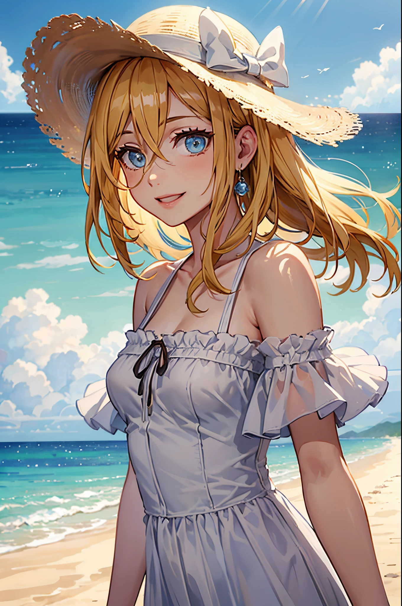 (masterpiece), best quality, expressive eyes, perfect face, highres, (8k), (perfect face), (ultra details), pikkyhistoria, 1girl, solo, blonde hair, hair between eyes, short hair, long hair, blue eyes, white dress, off shoulders, A-line dress, white, hat, beach hat, beach background, wind blowing, sand, clear sky, hair blowing in the wind, dress moving in the wind, smiling, standing, upper body, portrait, looking at the viewer