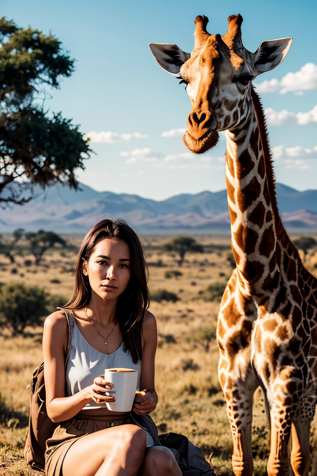 Create a giraffe, sitting on a chair. Next to her a person sits on a chair. Both look to the other side. They toast with a cup of tea. Humans have a long neck like the giraffe.