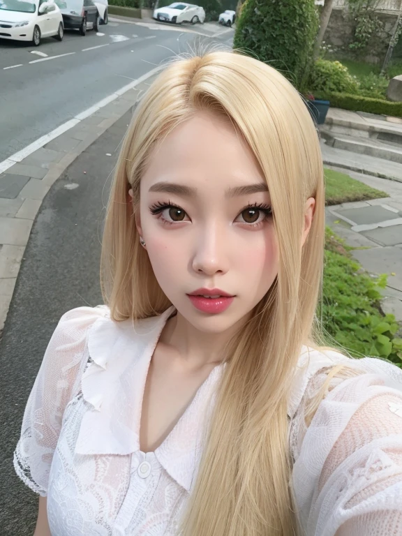 Chica rubia con pelo largo y labios rojos posando para una foto., Lee Gahyeon, Sha Xi, Cl, JIA, Shikamimi, Kim Doyoung, 8k selfie photograph, Sakimichan, ulzzang, Peinado blanco de corte hime, con pelo largo blanco, Chica coreana, ojo izquierdo negro, ojo derecho gris helado