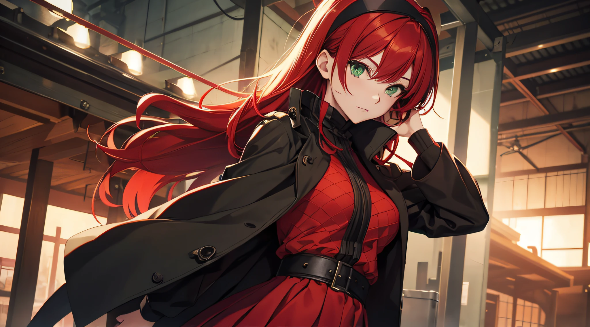 red hair, olhos verdes, Konoha headband, Casaco Preto, camisa fishnet, saia vermelha, best quality, piece of master,