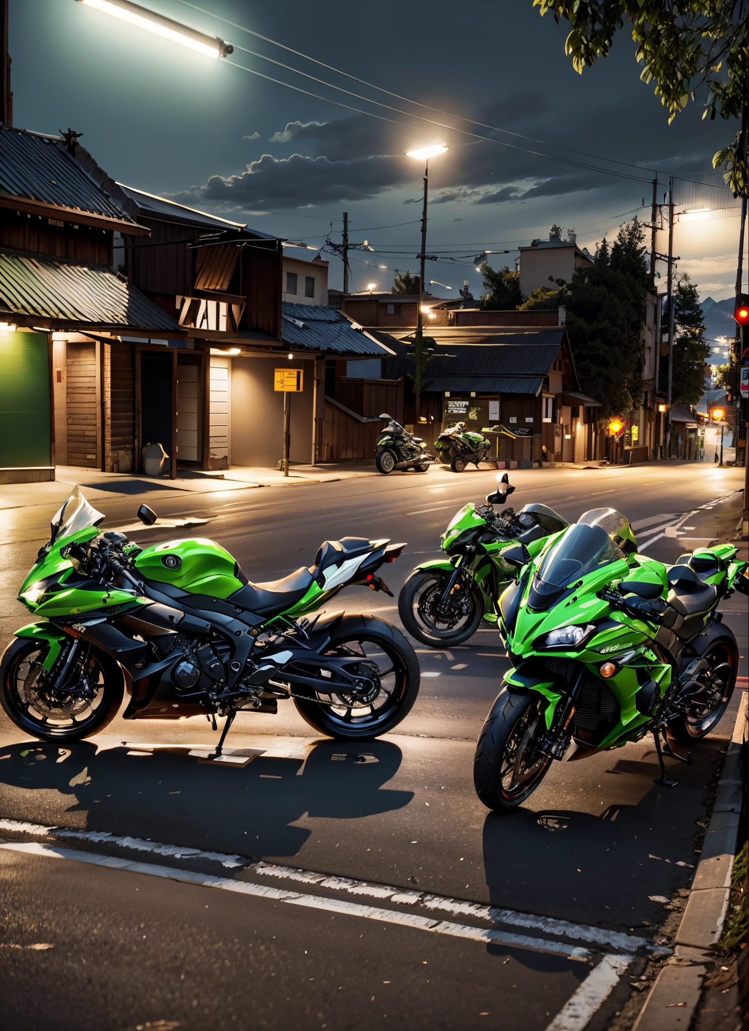 there are three motorcycles parked in a row on the street, motorcycles, kawasaki, one motorbike in center of frame, powerful scene, r6, riding in the town of doom, race, kawaai, video, looks smart, riding on the road, motorcycle, in front of a garage, super wide, 3 6 0 capture, trailer, wheelie, hd footage
