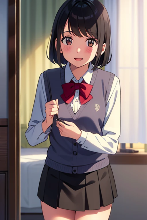 1girl, bangs, black hair, blush, bow, brown eyes, collared shirt,white long sleeve shirt, short hair, gray sweater vest button, open shirt, unbuttoned vest, undressing, short skirt, long sleeves, puffy sleeves, red neckerchief, smile, open mouth, looking at the viewer, bedroom, curtain, cowboy shot,