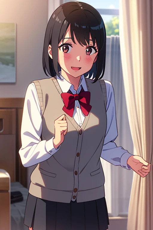 1girl, bangs, black hair, blush, bow, brown eyes, collared shirt,white long sleeve shirt, short hair, gray sweater vest button, open shirt, unbuttoned vest, undressing, short skirt, long sleeves, puffy sleeves, red neckerchief, smile, open mouth, looking at the viewer, bedroom, curtain, cowboy shot,