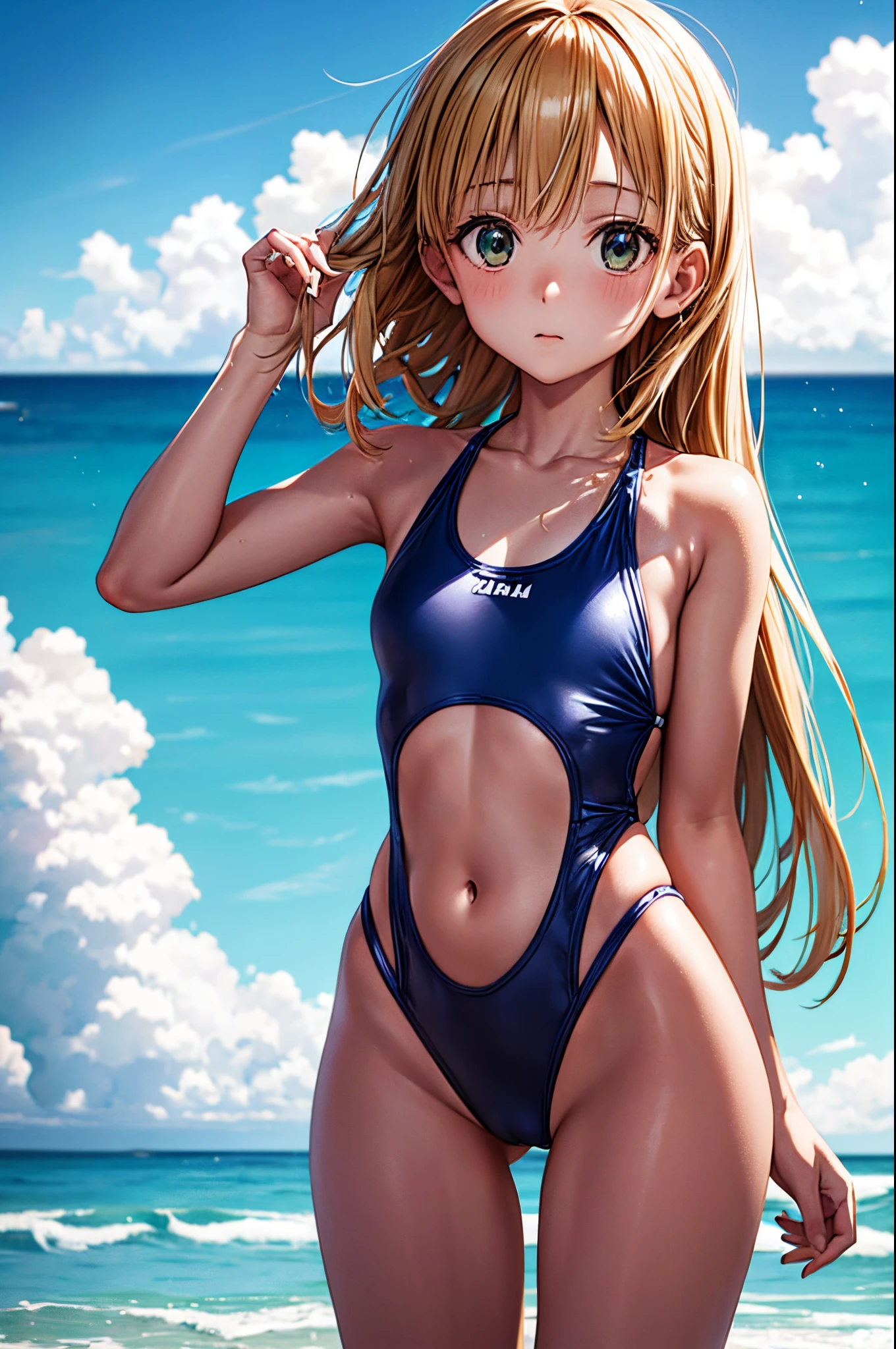 1 beautiful girl 3  slim, Small Long  Swimsuit, mar olas playa atardecer de verano, UHD, Obra maestra, Anatomically correct, Detalles altos, Altas Resoluciones, La mejor calidad, Super detail, 8k