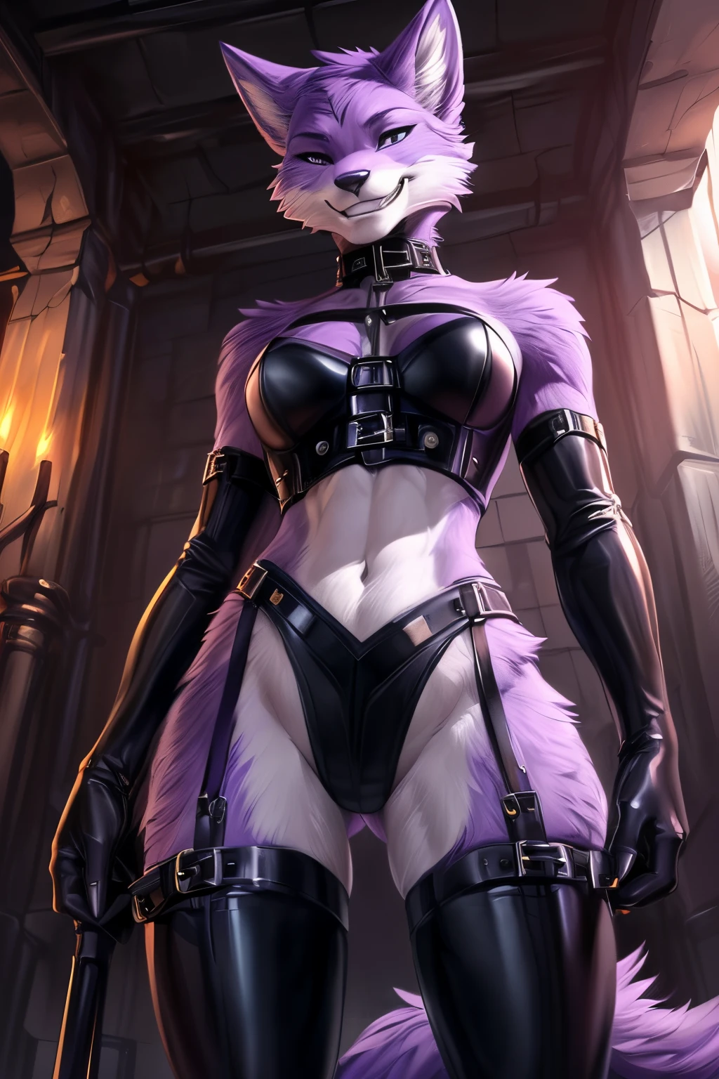 solo, a detailed picture of a dungeon, fetish furniture, Ross Tran, ruan jia, trending on artstation, foxovh, (((1 female Anthro, taller, mature, slim body, midriff, light purple fur, dominatrix outfit, sadistic smile, standing over partner))), looking at viewer, (view from below subject)