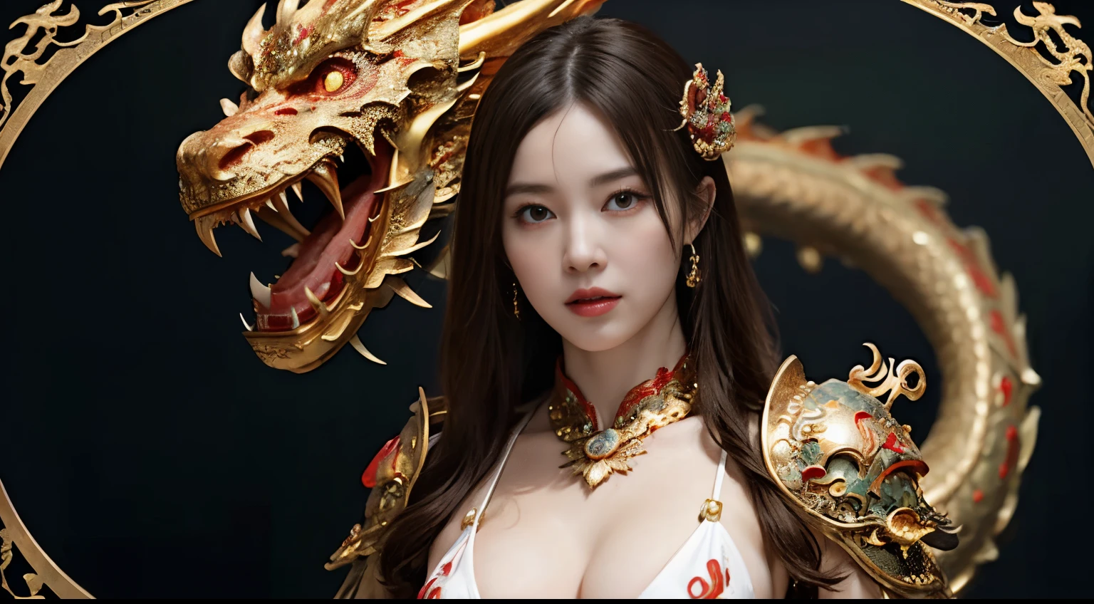 (photorealistic portrait, 8K High definition),最高品質、master-piece、超High resolution、(real light:1.4)、RAW photo、1 girl、(((chinese dragon background))),（The armor has beautiful patterns in every detail..）、(((Heavy breasts))),gleaming skin、(I'm random..),(((Detailed micro bikini armor)))、Fight with beautiful swords and shields、(((mysterious expression))),(((It has a beautiful and long wand..))),（Beautiful blue rubber case）),（Fight strong enemies）、Fight fiercely..、(Background of decaying dungeon ruins)、（super beauty）、(Fighting demonic beasts)、(Full body angle)、((Super realistic detail))、Portlets),globalillumination、glossy、Octane Rendering、10、Ultra Sharp、Colossal、Raw skin is revealed in cleavage..、Details of intricate jewelry、Japan Details、highly intricate details、Realistic lighting、(mysterious expression),CGSoation trend、Red Eyes、radiant eyes、facing camera)、Two shares、super beauty、A fine sword）、(((dragon background))),Beautiful Chinese Armor,enormous breasts,East Asian Architecture,under,architecture,golden dragon, fire dragon