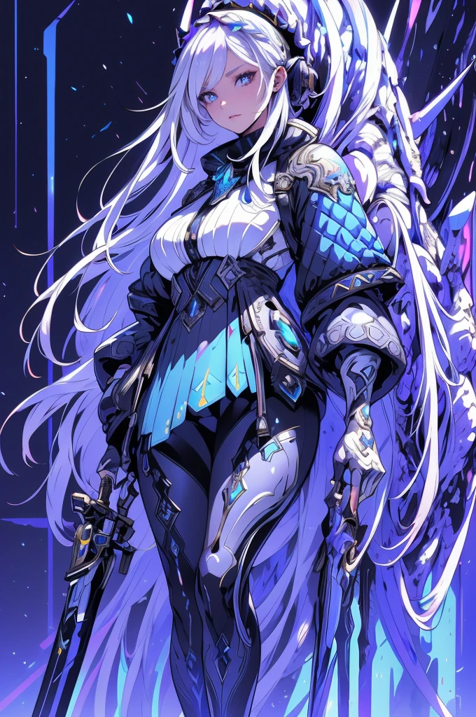 masterpiece, best quality, beautiful clean face, Super-detailed eyes, shining pupils, fullbody, 1 girl, white hair, long hair, Slender, fashioned like a character in a fantasy game, dressed like a game adventurer, blue clothing, with a graceful appearance, extreme detailed city, 8k, ultra detailed, (hyper realistic:1.4)
