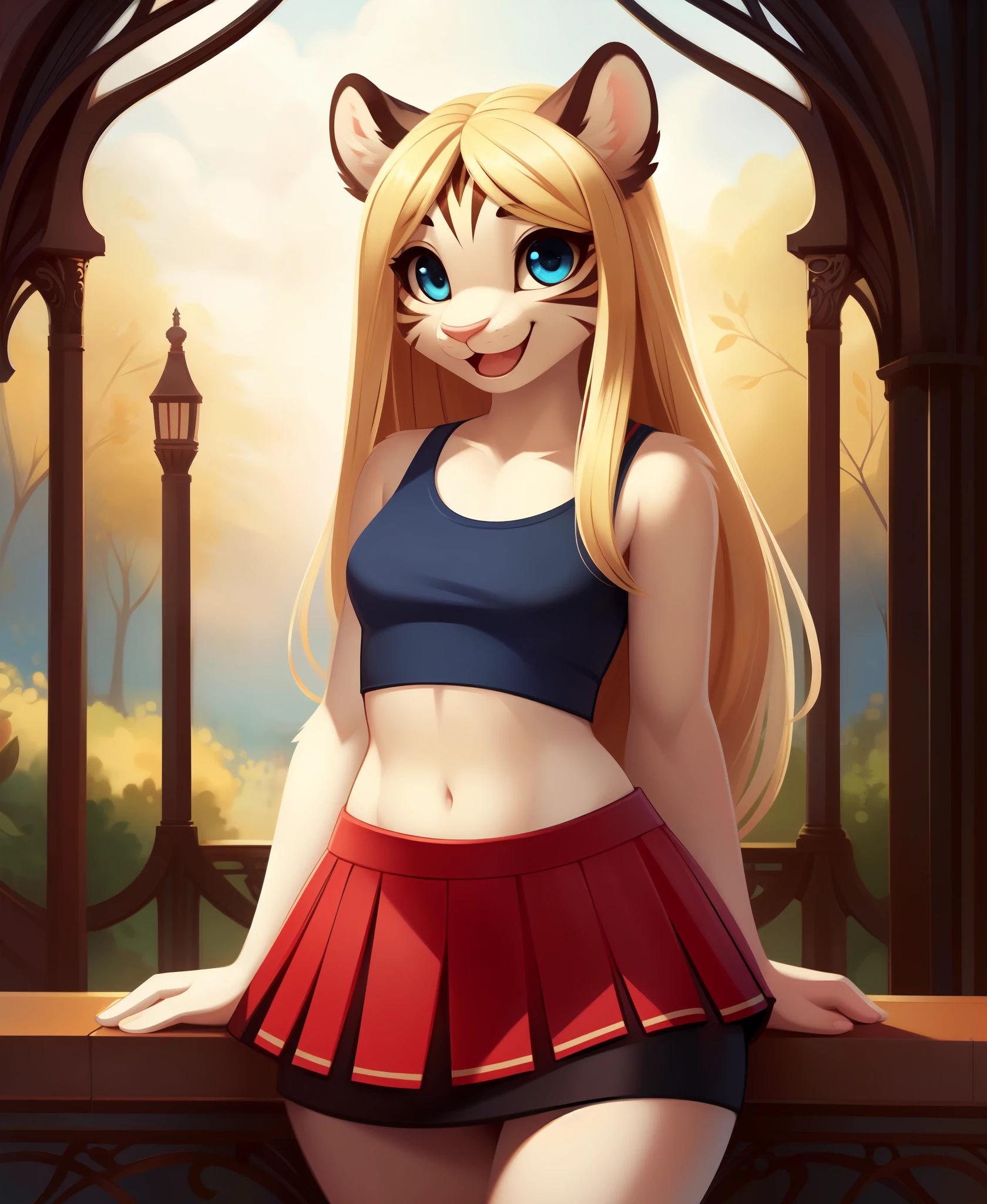 by waspsalad, by qupostuv35, by tsampikos, anthro, no body stripes, white fur, furry, pastel colors, cowboy shot, 1girl, confident smile, cheerful, elegant, mouth open, ((blonde hair, long hair, straight hair)), (blue eyes, ), ((( croptop and skirt))), cute adorable belly, tiger nose, ((white fur)), fashionable, boutique, art_nouveau, art nouveau architecture, art nouveau designs, pose, cute, dreamy, full background, perfect hands, scenery, (gradients), focus face, Animal, FurryCore,