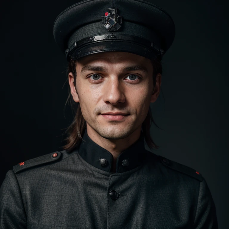 RAW photo, a portrait photo of Thomas Müller in ss waffen officer uniform with hat, solo, laugh, night tokyo neon, (high detailed skin:1.2), 8k uhd, dslr, soft lighting, high quality, film grain, Fujifilm XT3