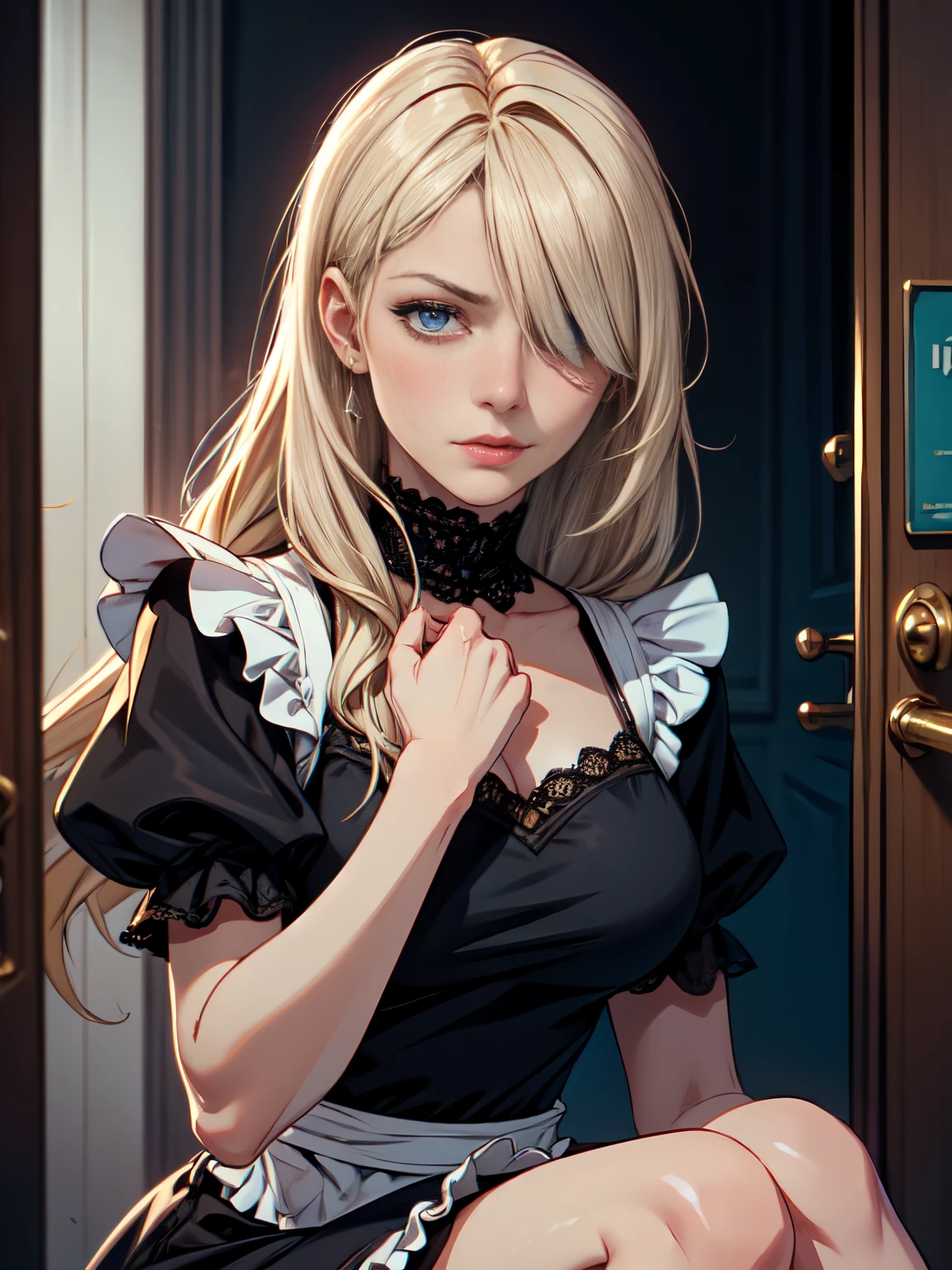 The woman, (Mature:1.3), blonde, Long hair, Bangs, ((Hair covers one eye)), eyes with blue color, irritable, grimalkin, bags under eyes, Russian, housemaid, Black dress with white trim, with a full skirt knee-length or higher, White half apron, usually with ruffles or lace, ((facial focus)), Masterpiece, (((Image Macro Details))), realistic face, Best Quality, Depth of field, 8K UHD, Film grain, exteriors, moscow, Sateen, Neo-noir