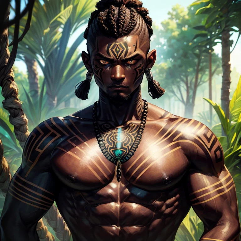 An African hunter with short hair using his powers to protect his village made of huts