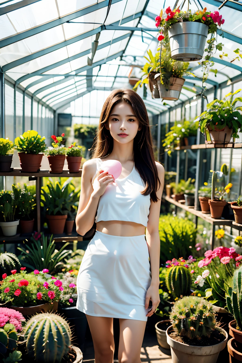 Girl holding balloon in hand, In the greenhouse, There are many potted cacti in the greenhouse..