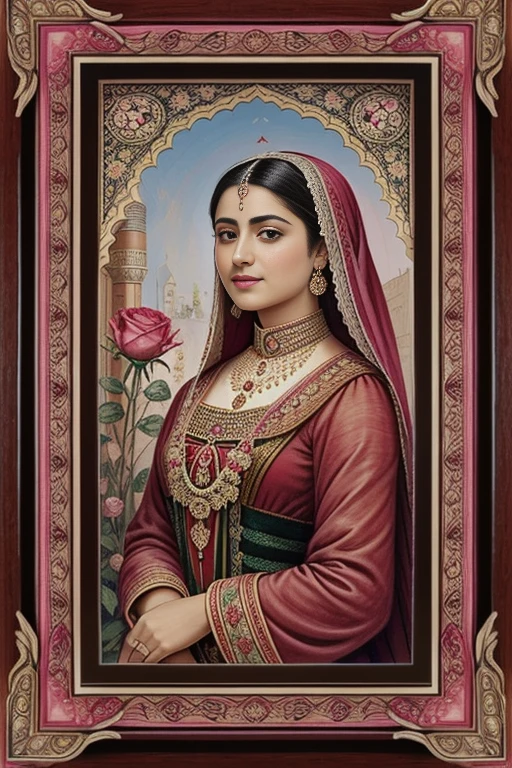Persian Qajar period woman , in traditional red-pink clothes , background contains painting of nightingale among rose and peony flowers, floral frame , ((perfect rectangular wooden frame))