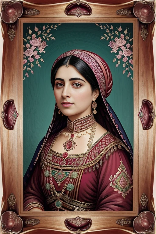 Persian Qajar period woman , in traditional red-pink clothes , background contains painting of nightingale among rose and peony flowers, floral frame , ((perfect rectangular wooden frame))