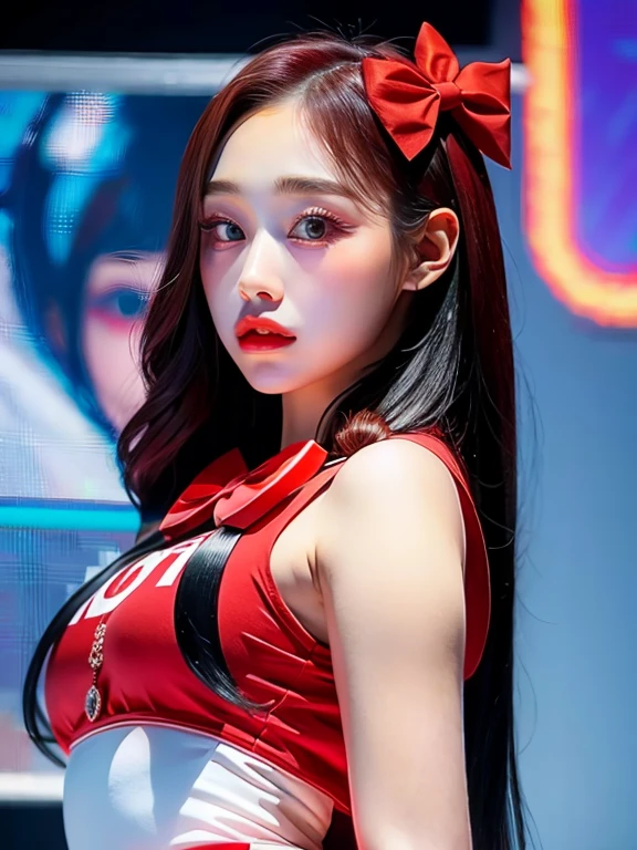 Joven de cabello rojo fuego, ojos grises, small moles, small height of 1.48 cm, Lee Gahyeon, idol, rapera, dos coletas altas, Two bows