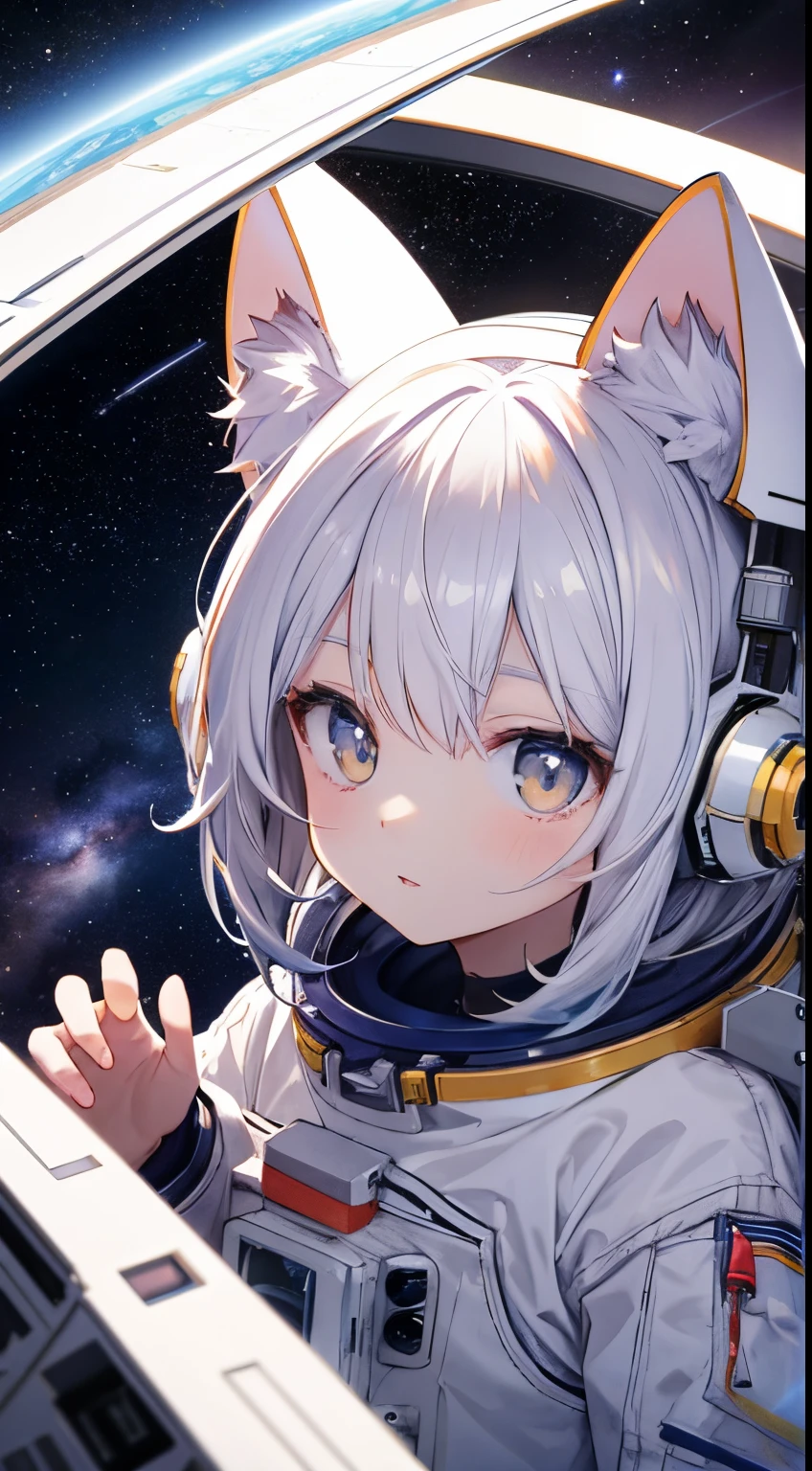 There is a kitten wearing an astronaut helmet,is a lovely 3D rendering art。This kitten looks like a space cadet,Look up at the stars,Expression full of curiosity and longing。The whole picture shows a portrait anime style,Emphasizing the kitten’s spirit of space adventure。
