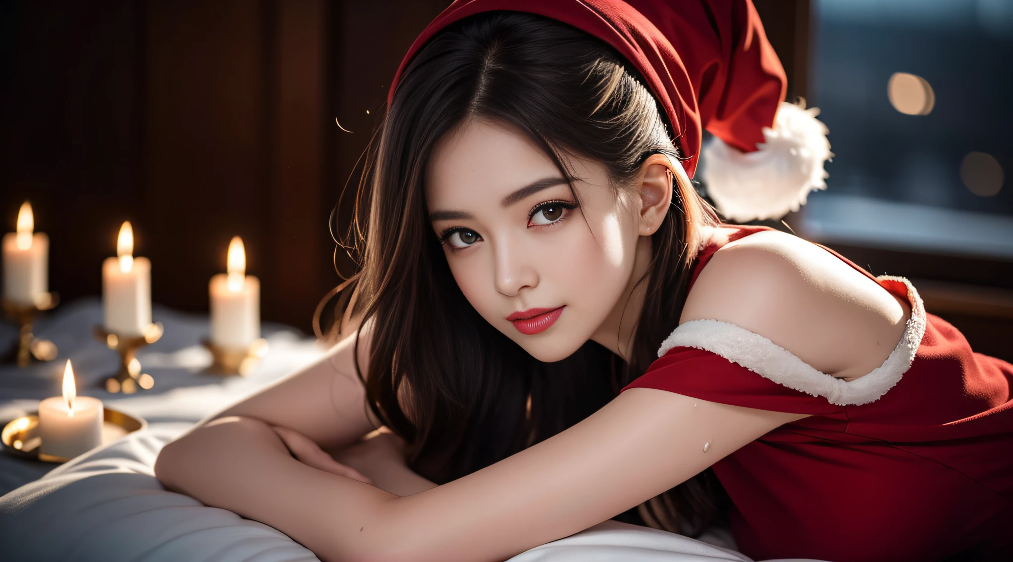 (Aesthetic, Hi-Res: 1.2), Professional Photographer, A slight smile, Revealing art, varying hair styles and colors, wearing a boby red Santa Claus outfit, session At night, the light from candles highlights the beauty. Intimate moments, Sexual liberation, Passionate mood, Seductive expressions, Delicate features, Sexy lips, Wet lips, Seductive half-closed eyes, Seductive look, Provocative pose , Strong lighting, Vivid colors, Intimate setting.