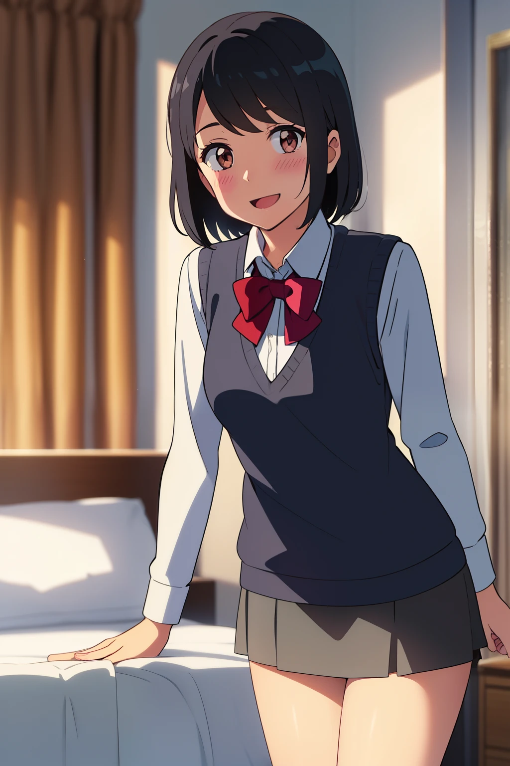 1girl, bangs, black hair, blush, bow, brown eyes, collared shirt,white long sleeve shirt, short hair, gray sweater vest button, open shirt, unbuttoned vest, undressing, short skirt, long sleeves, puffy sleeves, red neckerchief, smile, open mouth, looking at the viewer, bedroom, curtain, cowboy shot,