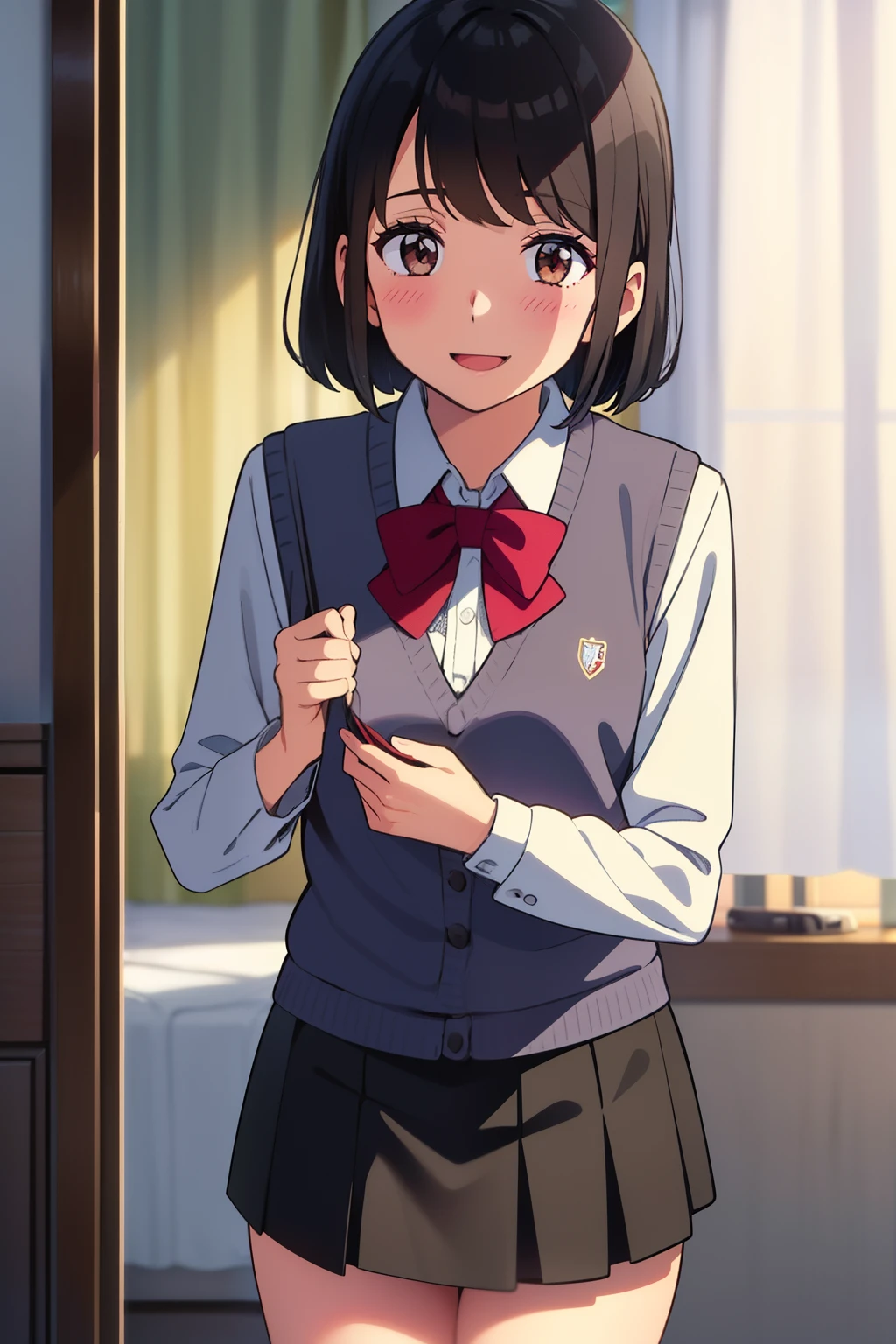1girl, bangs, black hair, blush, bow, brown eyes, collared shirt,white long sleeve shirt, short hair, gray sweater vest button, open shirt, unbuttoned vest, undressing, short skirt, long sleeves, puffy sleeves, red neckerchief, smile, open mouth, looking at the viewer, bedroom, curtain, cowboy shot,