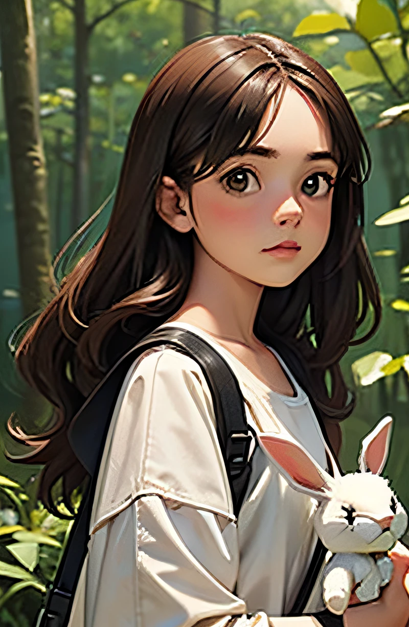 jovem adolescente bagunceira de cabelos longos e cacheados castanhos, com roupas simples, brown eyes holding a dirty stuffed bunny in a medieval forest