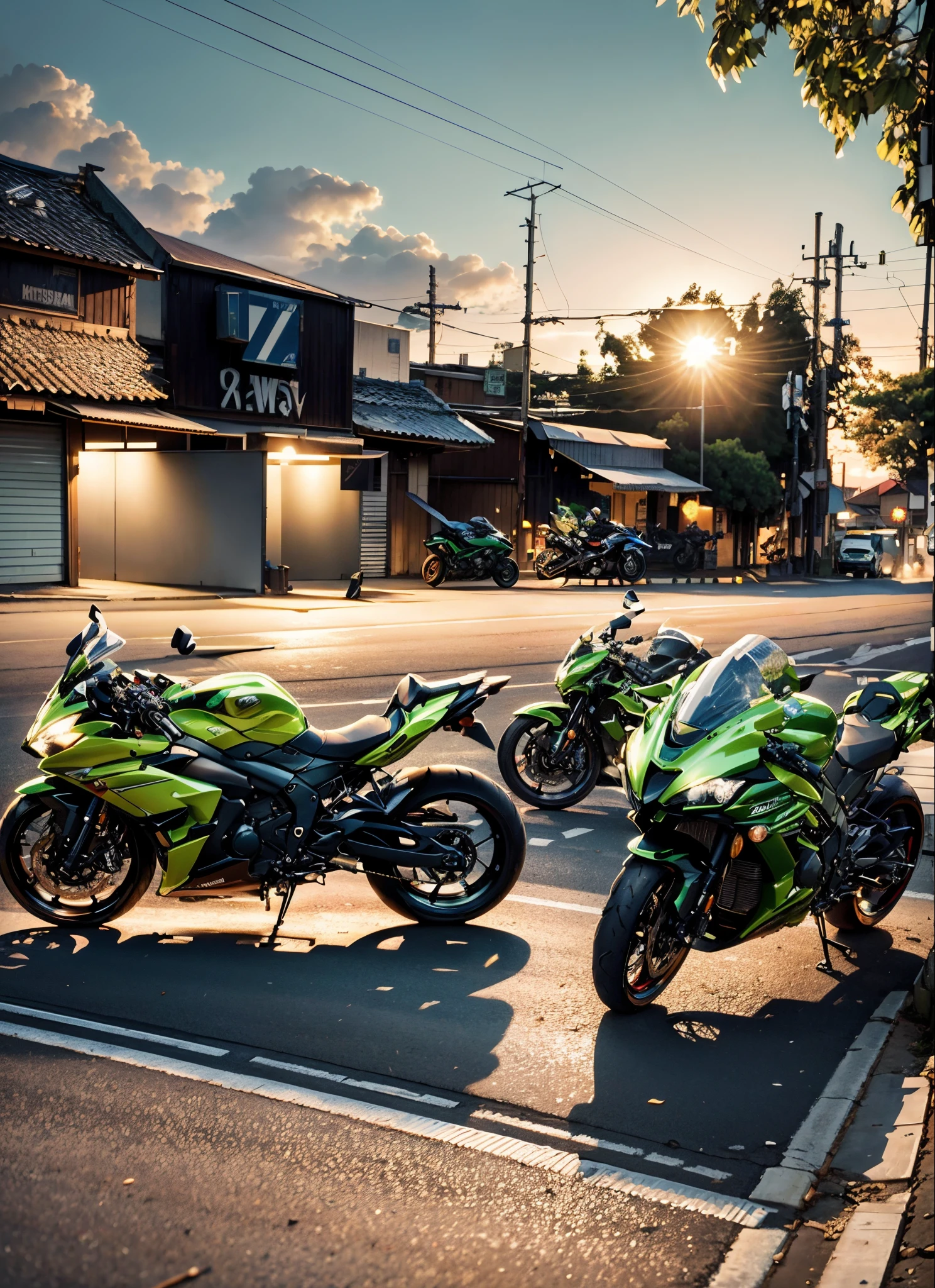 there are three motorcycles parked in a row on the street, motorcycles, kawasaki, one motorbike in center of frame, powerful scene, r6, riding in the town of doom, race, kawaai, video, looks smart, riding on the road, motorcycle, in front of a garage, super wide, 3 6 0 capture, trailer, wheelie, hd footage