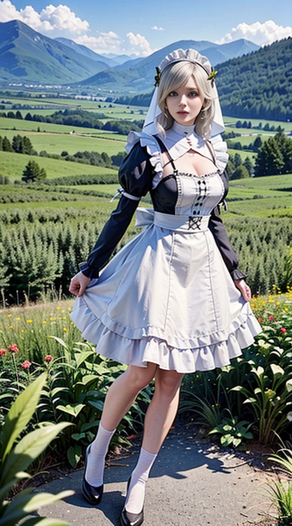 Rosalina as a nun, toned thighs toned body Azur Lane, 1 girl, (((oni girl))), (((red skin))), horns, white hair, ((maid)), (solo female), white maid apron, maid headdress, maid skirt, (((victorian maid dress))), puffy sleeves, explorer, researcher, fascinated expression, full body portrait, outside, forest, mountains, butterflies, flowery meadow