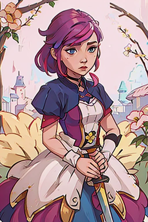 young woman, colorful hair, colorful dress, holding a sword, surrounded by flowers