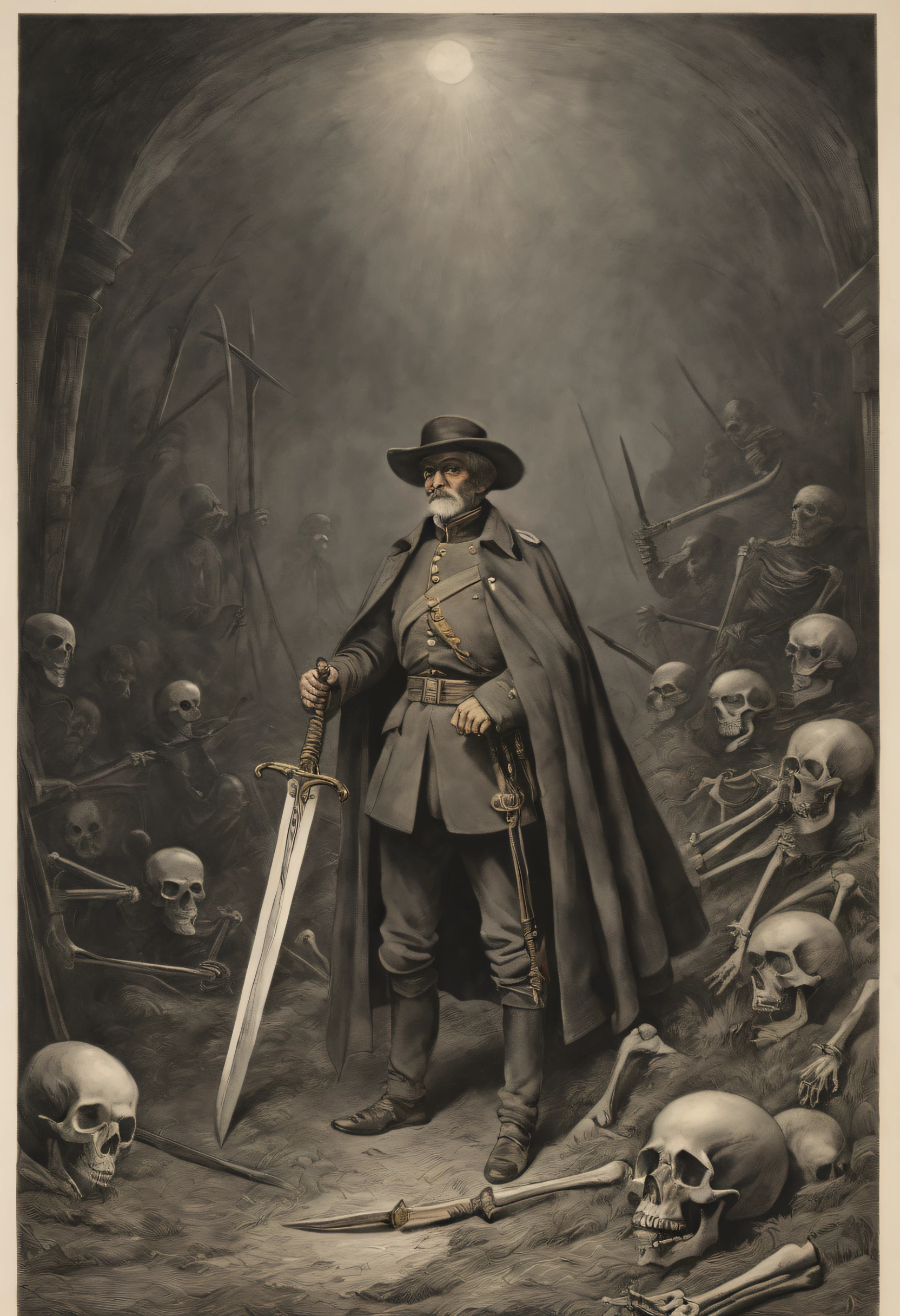 there is a drawing of a man holding a sword in front of a skeleton, gustave dore and junji ito, full page illustration, vignette illustration, by Thomas Corsan Morton, by Róbert Berény, by Ivor Davies, by Harvey Dunn, by Solomon Gessner, by Edwin Austin Abbey, performing to dead soldiers, by Barron Storey