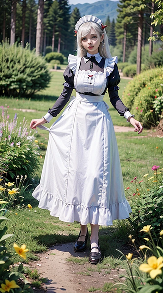 1 girl, (((oni girl))), (((red skin))), horns, white hair, ((maid)), (solo female), white maid apron, maid headdress, maid skirt, (((victorian maid dress))), puffy sleeves, explorer, researcher, fascinated expression, full body portrait, outside, forest, mountains, butterflies, flowery meadow