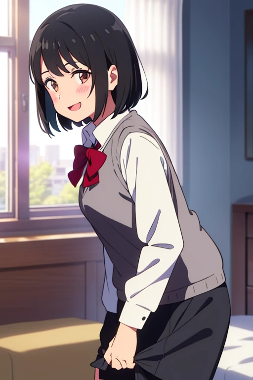 :
1girl, bangs, black hair, blush, bow, brown eyes, collared shirt,white long sleeve shirt, short hair, undressing grey vest, short skirt, long sleeves, puffy sleeves, red neckerchief, smile, open mouth, looking at the viewer, bedroom, curtain, cowboy shot