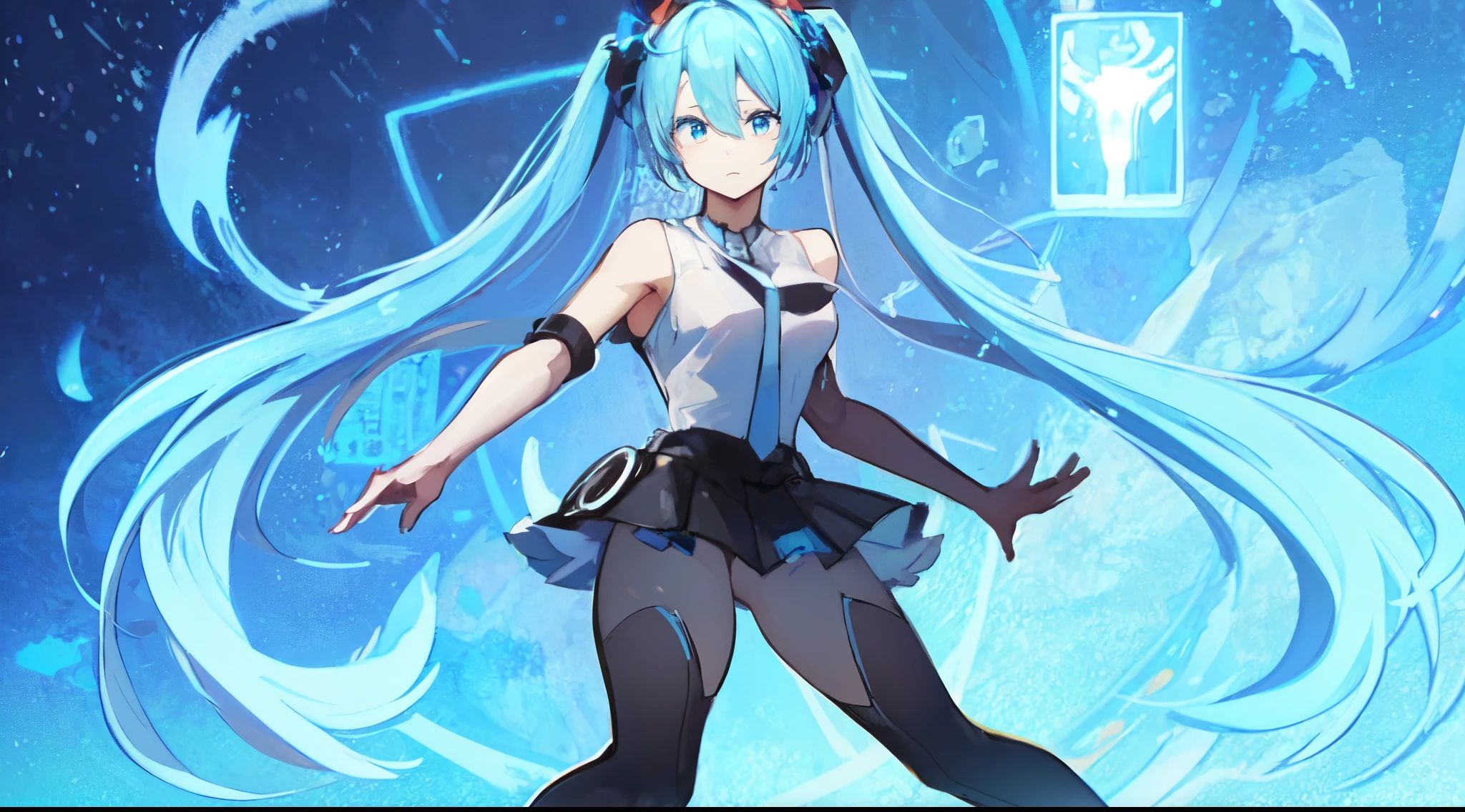 (((beautiful hands))),Black skirt,Light blue tie,Full body,Twin-tailed,lightblue hair,length hair,light blue eyes