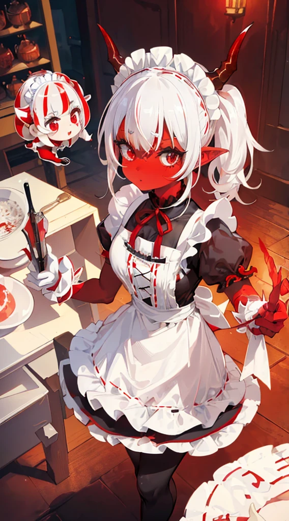 1 girl, (((oni girl))), (((red skin))), horns, white hair, ((maid)), (solo female), white maid apron, maid headdress, maid skirt, (((victorian maid dress))), puffy sleeves, fascinated expression, full body portrait, inside mansion, bedroom background