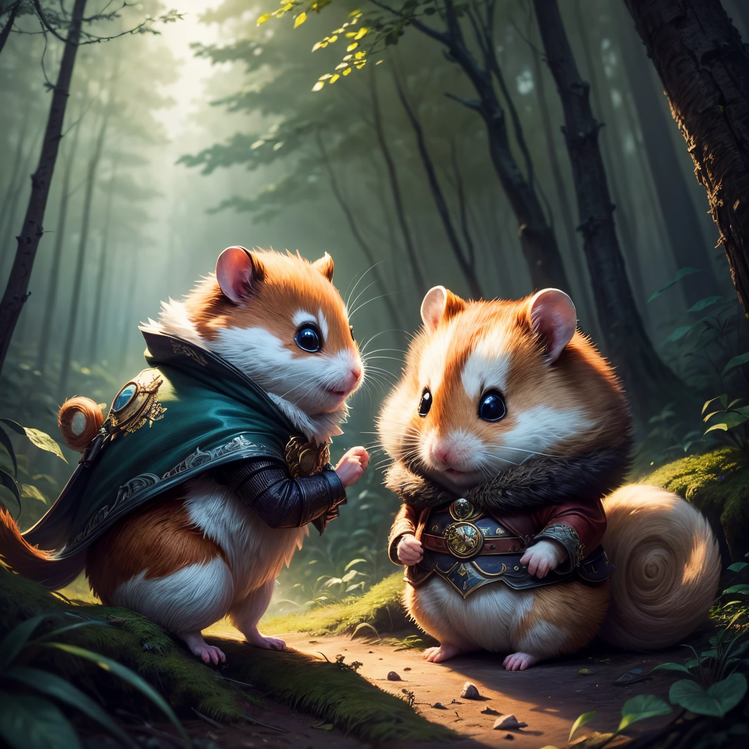 (Best quality at best,A high resolution:1.2),Beautiful masterpiece:1.2, （Fashion animals：1.5），Draw a heroic adventure illustration of a curious hamster adventurer，In the dark forest，fantasy aesthetic, The content is very detailed,