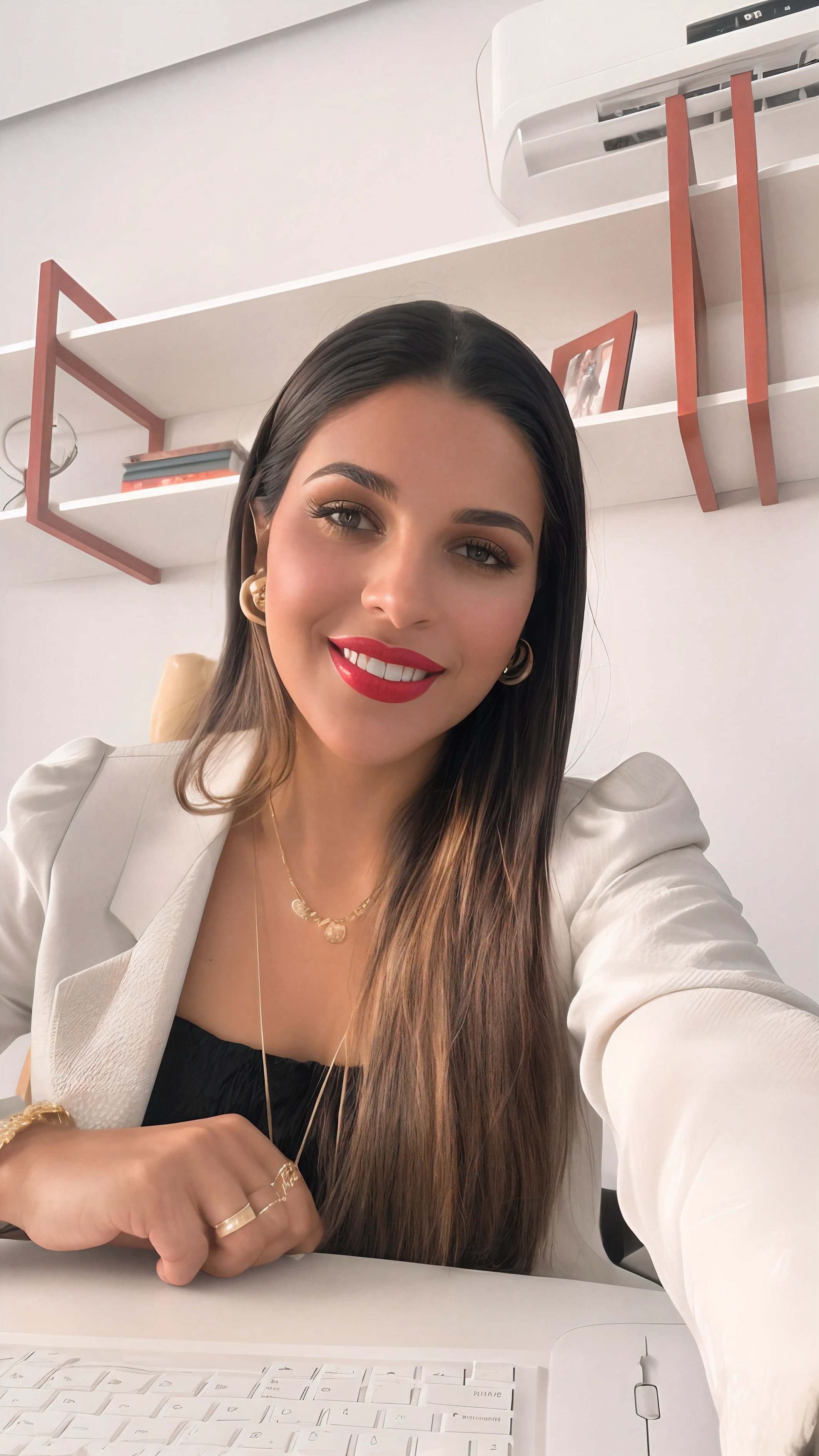 dark and gloomy, 8k, closeup photo of a 30-year-old brunette Brazilian businesswoman dark background at night, (realistic dark brown hair straight and with light waves) , makeup, red lips, brown eyes, (wearing black chanel tailoring blazer, black silk blouse and black straight tailoring pants), looking confidently, hyper realistic, {a girl with extremely beautiful olive skin}, (highly detailed skin: 1.2) {{{masterpiece}}}, realistic texture, dynamic composition, Fujifilm XT2, 85mm F1.2, shutter speed 1/80, (bokeh), high contrast