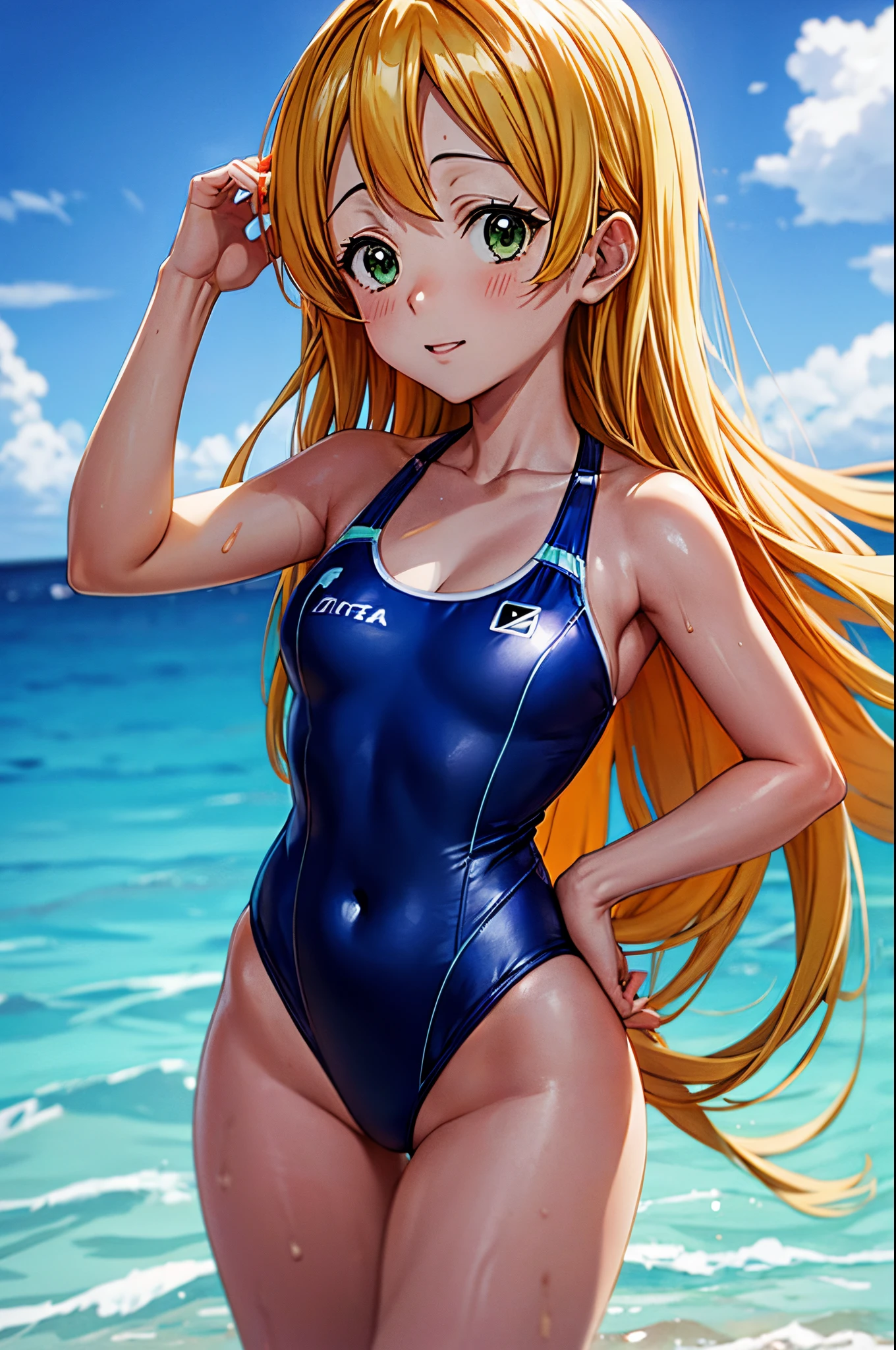 Anime girl in blue swimsuit posing in the ocean., is wearing a swimsuit, swimsuit, Bikini realista, swimming suit, wet swimsuit, seductora chica de anime, en la playa, hermosa chica de anime, Linda chica con traje sin mangas, in a gold one piece swimsuit, Hermoso y atractivo anime adolescente, (Chica anime), en el mar, Atractiva chica de anime, linda chica de anime