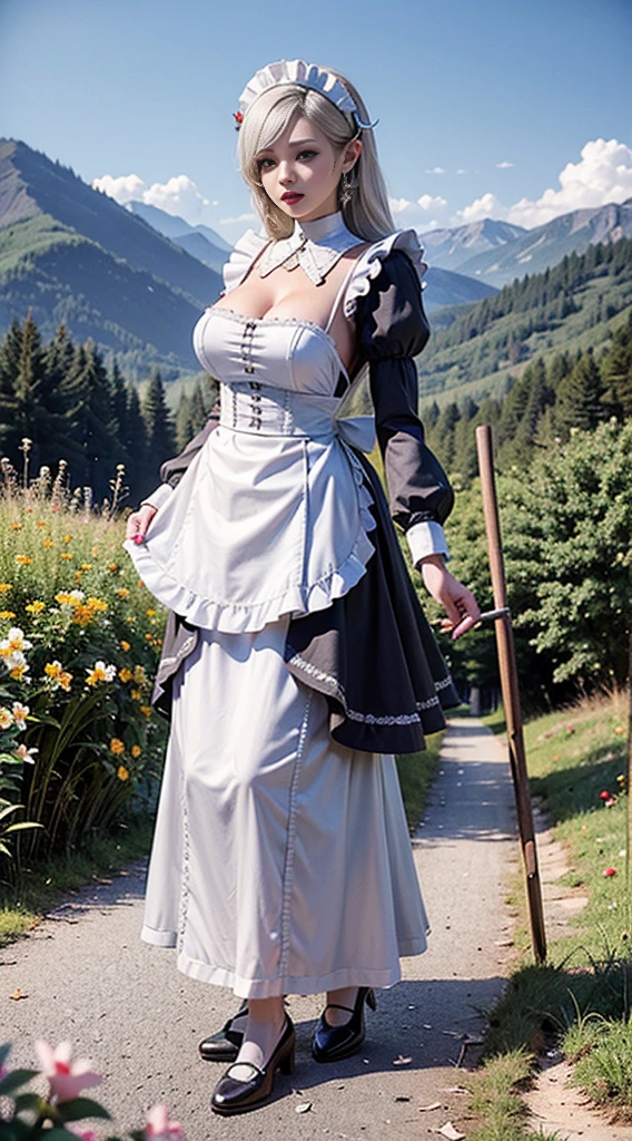 Rosalina, black pasties covering her breasts, 1 girl, (((oni girl))), (((red skin))), horns, white hair, ((maid)), (solo female), white maid apron, maid headdress, maid skirt, (((victorian maid dress))), puffy sleeves, explorer, researcher, fascinated expression, full body portrait, outside, forest, mountains, butterflies, flowery meadow