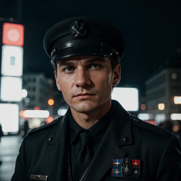 RAW photo, a portrait photo of Thomas Müller in waffen ss officer outfit with hat, solo, angry, night Berlin neon, (high detailed skin:1.2), 8k uhd, dslr, soft lighting, high quality, film grain, Fujifilm XT3